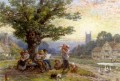 Fugures And Children Beneath A Tree In A Village Victorian Myles Birket Foster